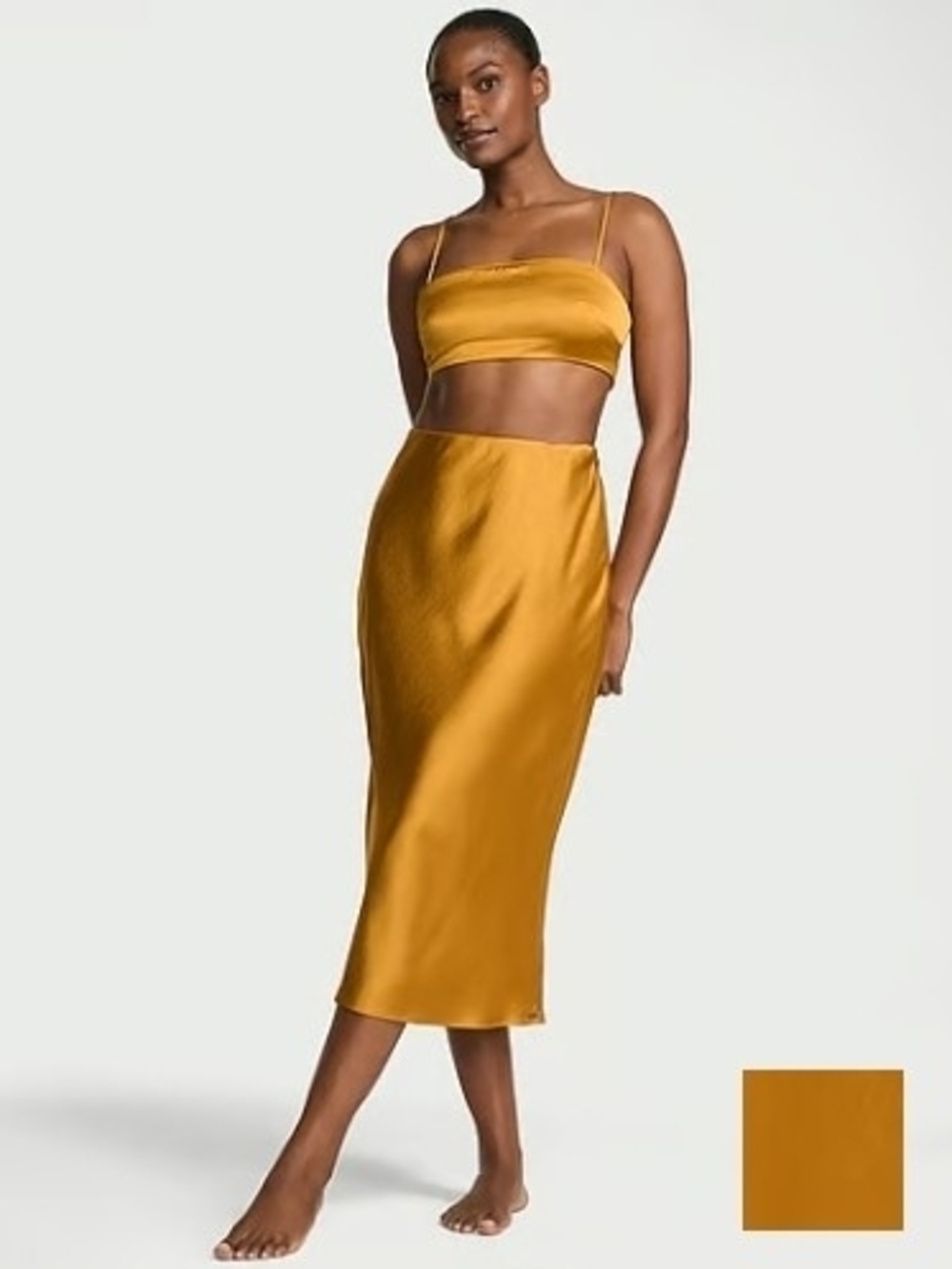 Victoria's Secret Satin Midi Skirt Set in Mustard Gold